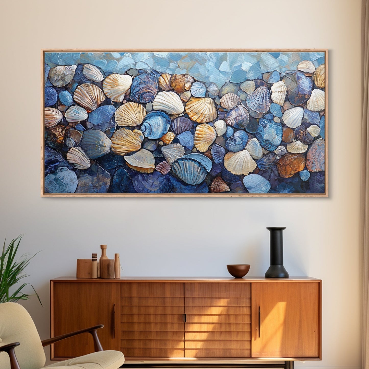 Seashell Beach Art, coastal wall art, oyster shell painting, blue and green wall art, framed canvas print, extra wide art