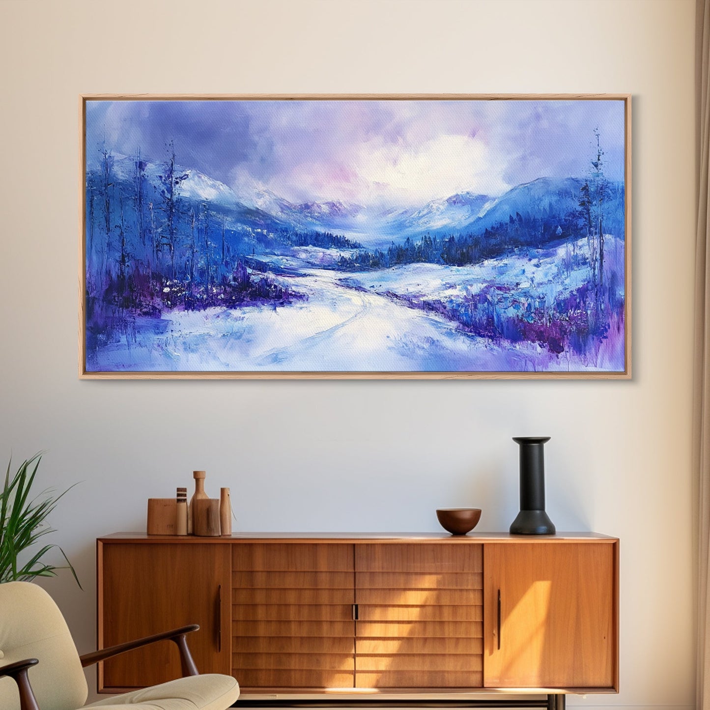Snowy Mountain Art, Winter Landscape, Framed Canvas Print, Above Couch Art, Panoramic Painting, Mountain Painting