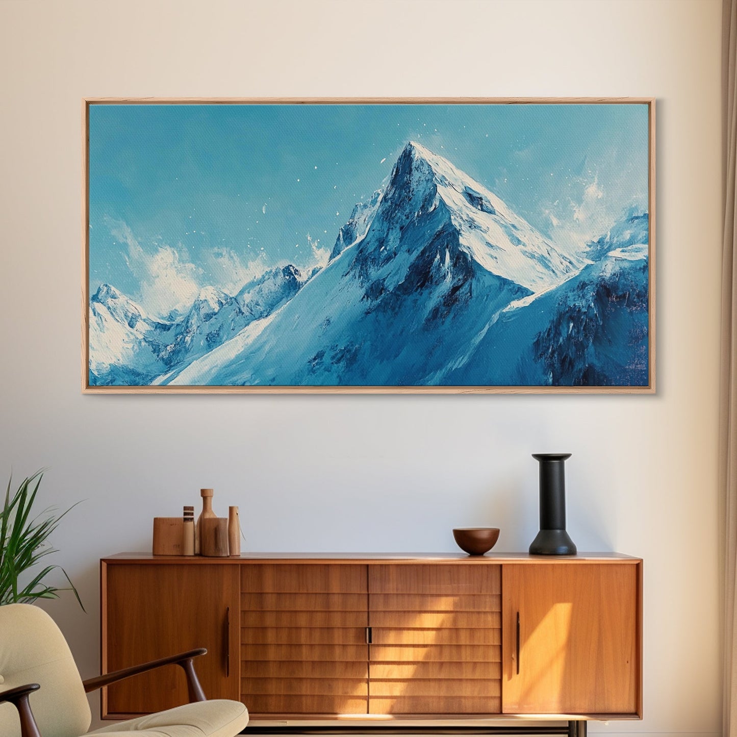 Berglandschaft-Malerei, Blau-Weiß-Kunst, Schneebedeckte Gipfel, Gerahmter Leinwanddruck, Rustikale Dekoration, Minimalistische Kunst, Extra breites Kunstwerk