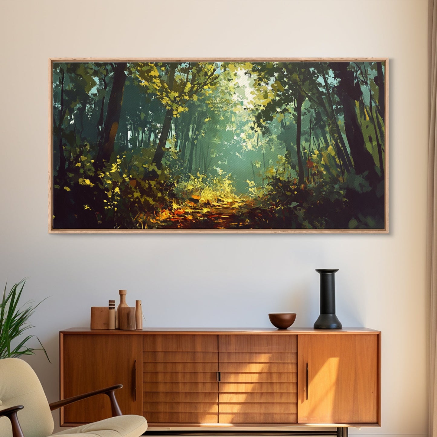 Forest Path, Sunlit Trees, Green Wall Art, Nature Landscape, Panoramic Painting, Rustic Wall Art, Framed Canvas Print