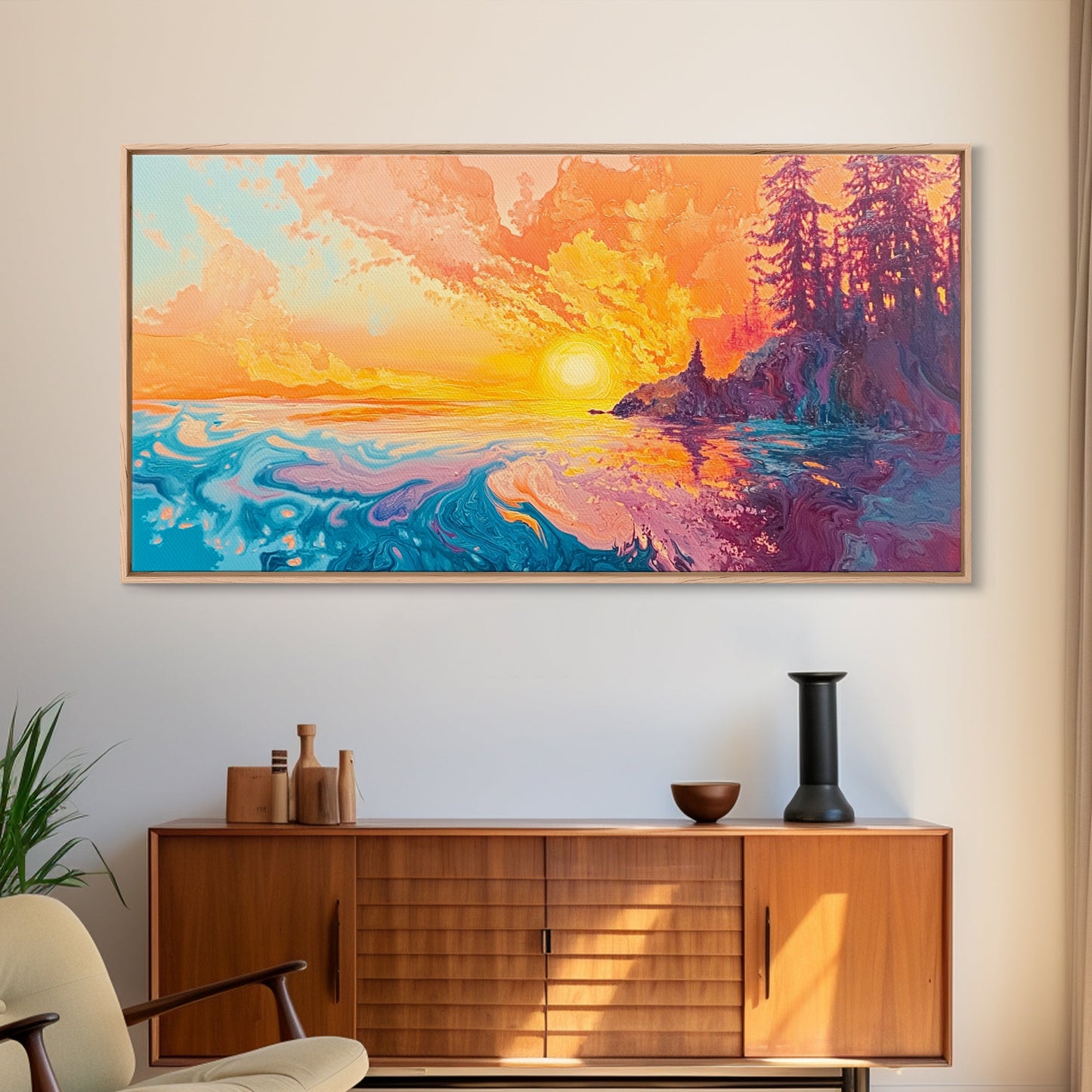 Feuriger Sonnenuntergang, Stimmungsvolle Kunst, Kunst vom Lake Tahoe, Farbenfrohe Landschaft, Wandkunst aus dem Südwesten, Panoramagemälde, Gerahmter Leinwanddruck, Naturkunst