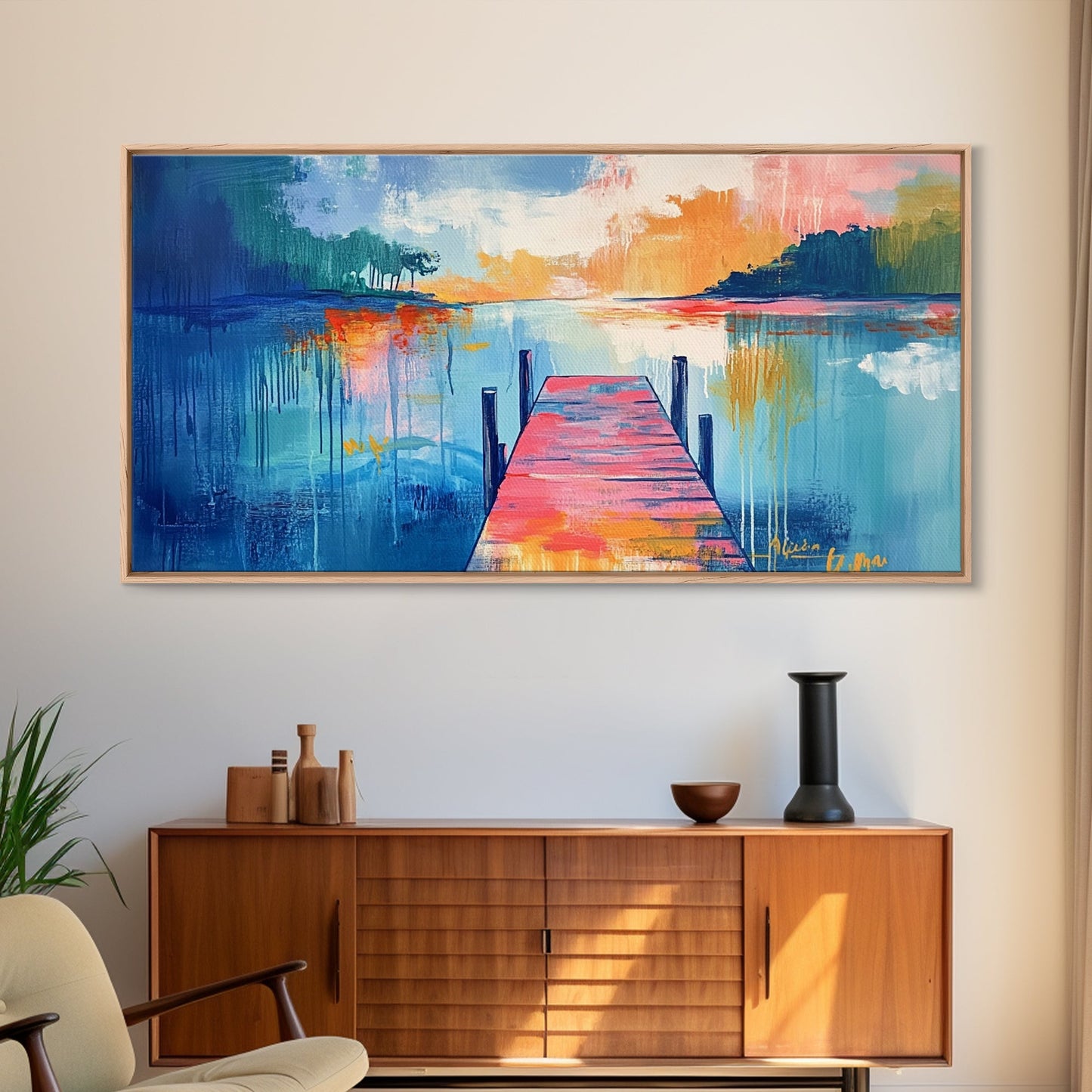 Lake Dock, sunset painting, nautical decor, coastal landscape art, wabi sabi art, extra wide art, rustic decor, Framed Canvas Print