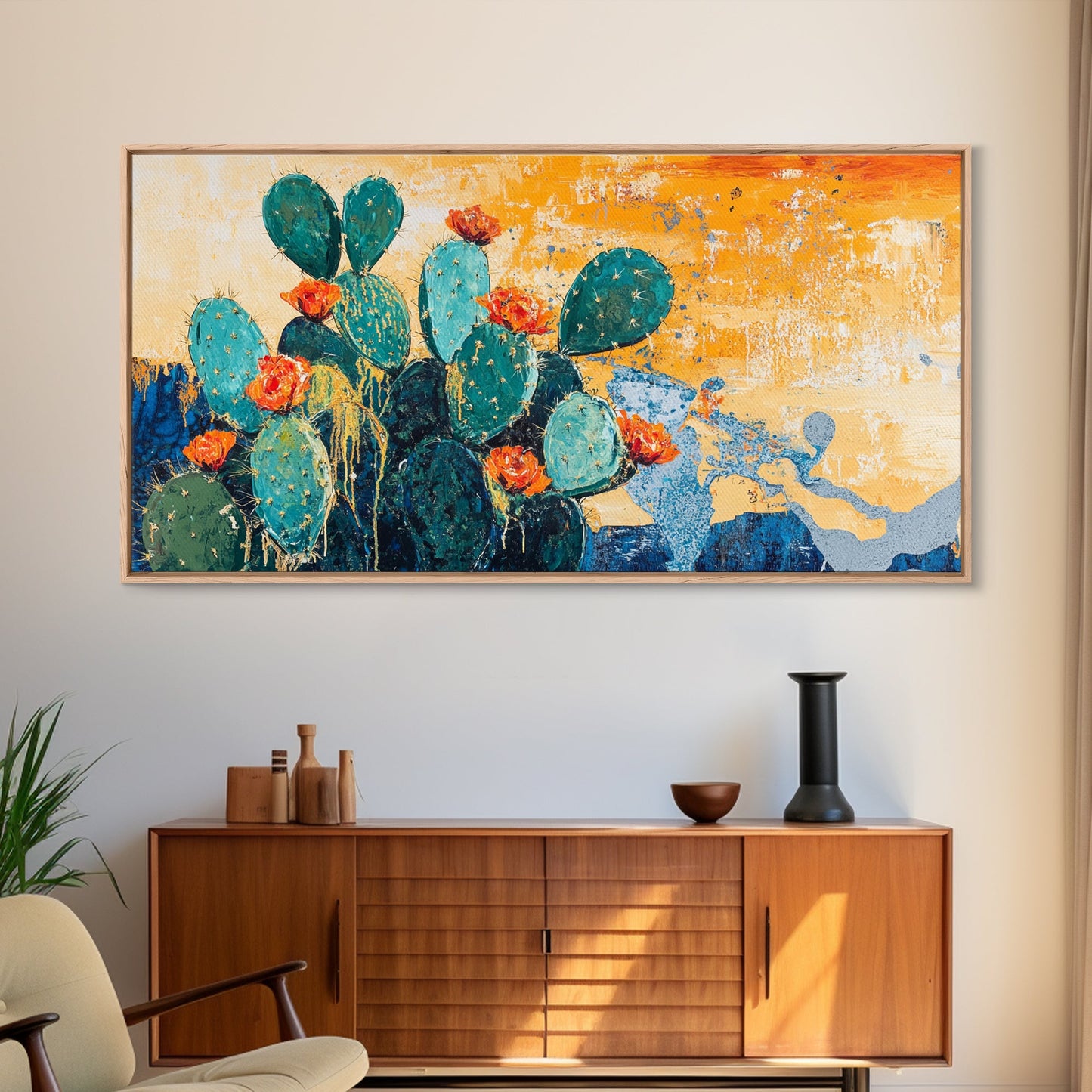 Kaktusgemälde, Agavengemälde, Wandkunst im Südwest-Stil, rustikale Dekoration, gerahmter Leinwanddruck, Wüstengemälde, extra breites Kunstwerk, Boho-Kunst