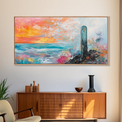 Sunset Over Ocean, pink orange wall art, coastal wall art, abstract seascape, vibrant landscape painting, Framed Canvas Print