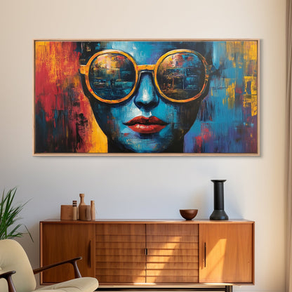 Bold Sunglasses Portrait, graffiti wall art, moody art, chicano art, abstract portrait, pop art decor, gift idea her, Canvas Print