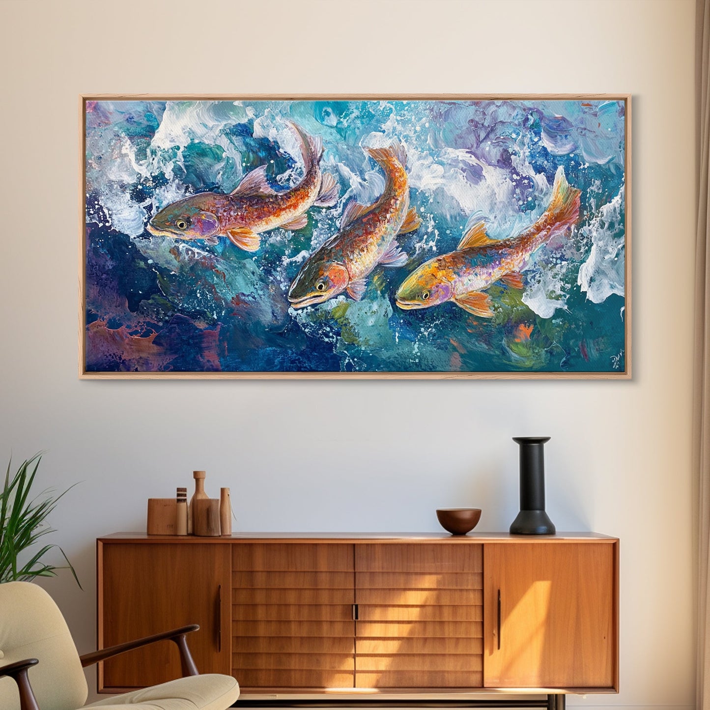 Koi-Fisch-Gemälde, gerahmter Leinwanddruck, Kunst zum Fliegenfischen, Forellenkunst, extra breites Gemälde, farbenfrohes Fischgemälde, Panoramabild