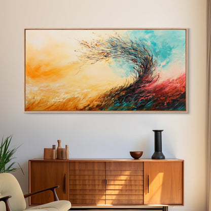 Windiger Herbst, gerahmter Leinwanddruck, Herbstwandbild, abstrakte Landschaft, extra breites Gemälde, Panoramabild, Herbstdekoration