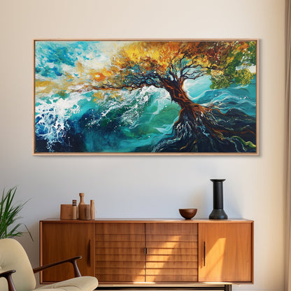 Tree in Waves, Canvas Print, coastal landscape art, wabi sabi art, extra wide painting, ocean painting, panoramic wall art