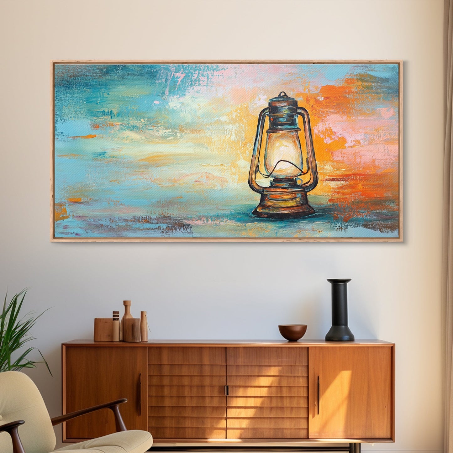 Lantern painting, rustic decor, farmhouse art, boho art, wabi sabi art, warm glow, extra wide art, framed canvas print, moody art