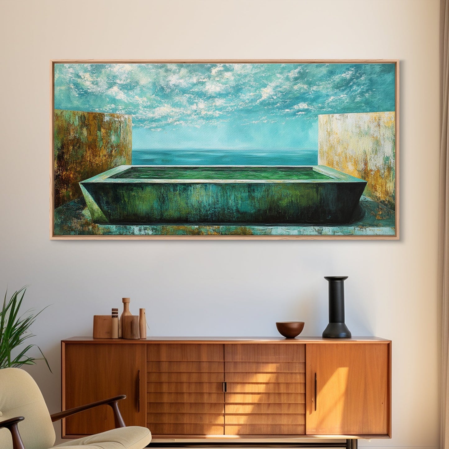 Infinity-Pool, Leinwanddruck, moderne Landschaftskunst, minimalistisches Dekor, extra breites Gemälde, blau-grüne Wandkunst, zeitgenössische Kunst