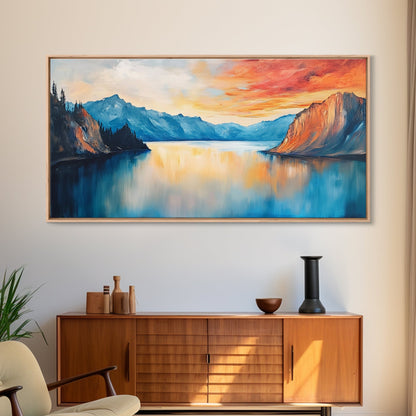 Mountain Lake Painting, Landscape Art, Lake Tahoe Art, Smoky Mountain Art, Rustic Decor, Sunset Wall Art, Extra Wide Art, Framed Canvas Print