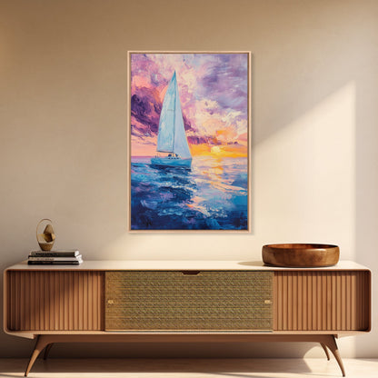 Sailboat Painting, Ocean Sunset Art, Nautical Wall Art, Coastal Landscape, Romantic Seascape, Living Room Art, Canvas Print