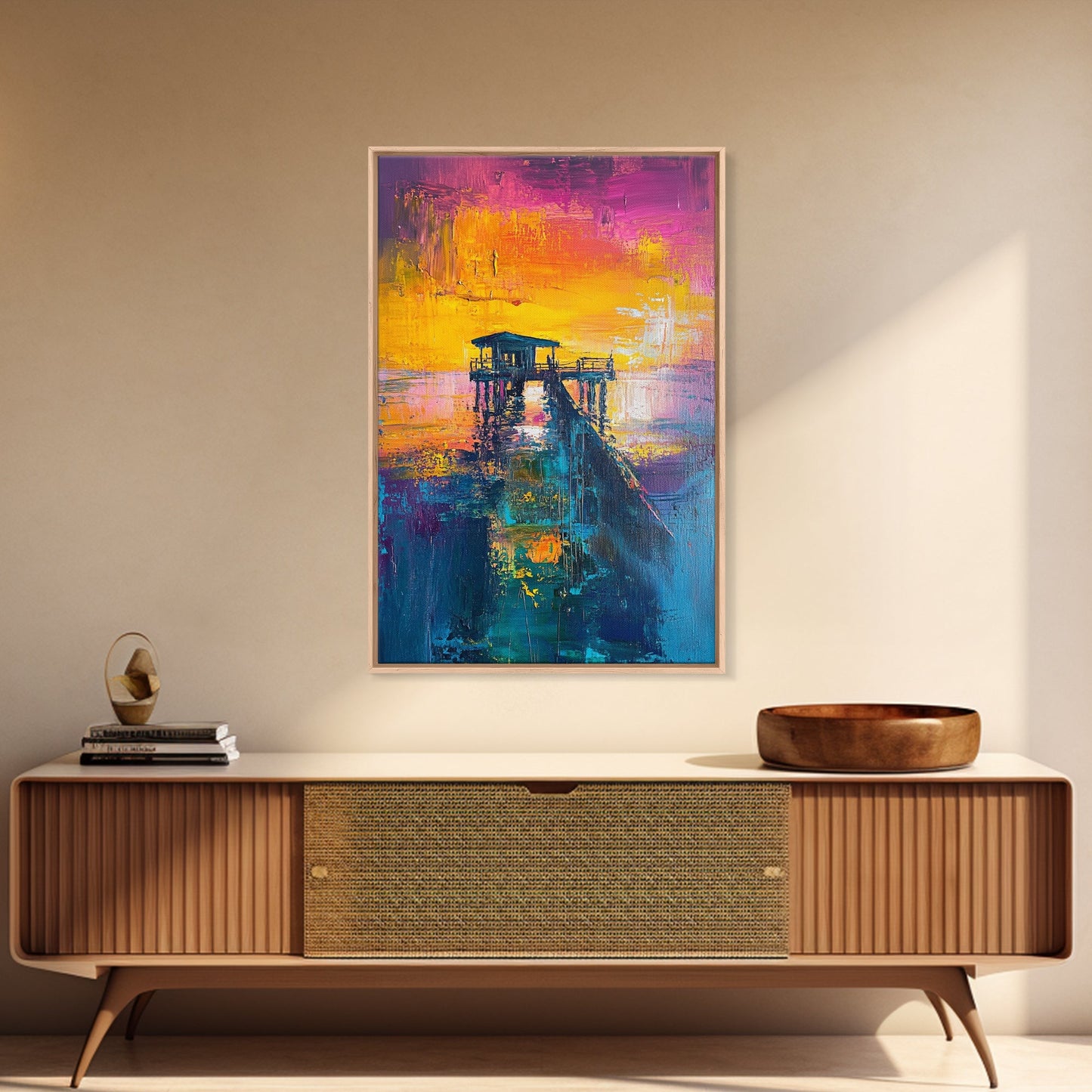 Sunset Pier Painting, Coastal Landscape Art, Vibrant Seascape, Nautical Wall Art, Bold Color Decor, Framed Canvas Print