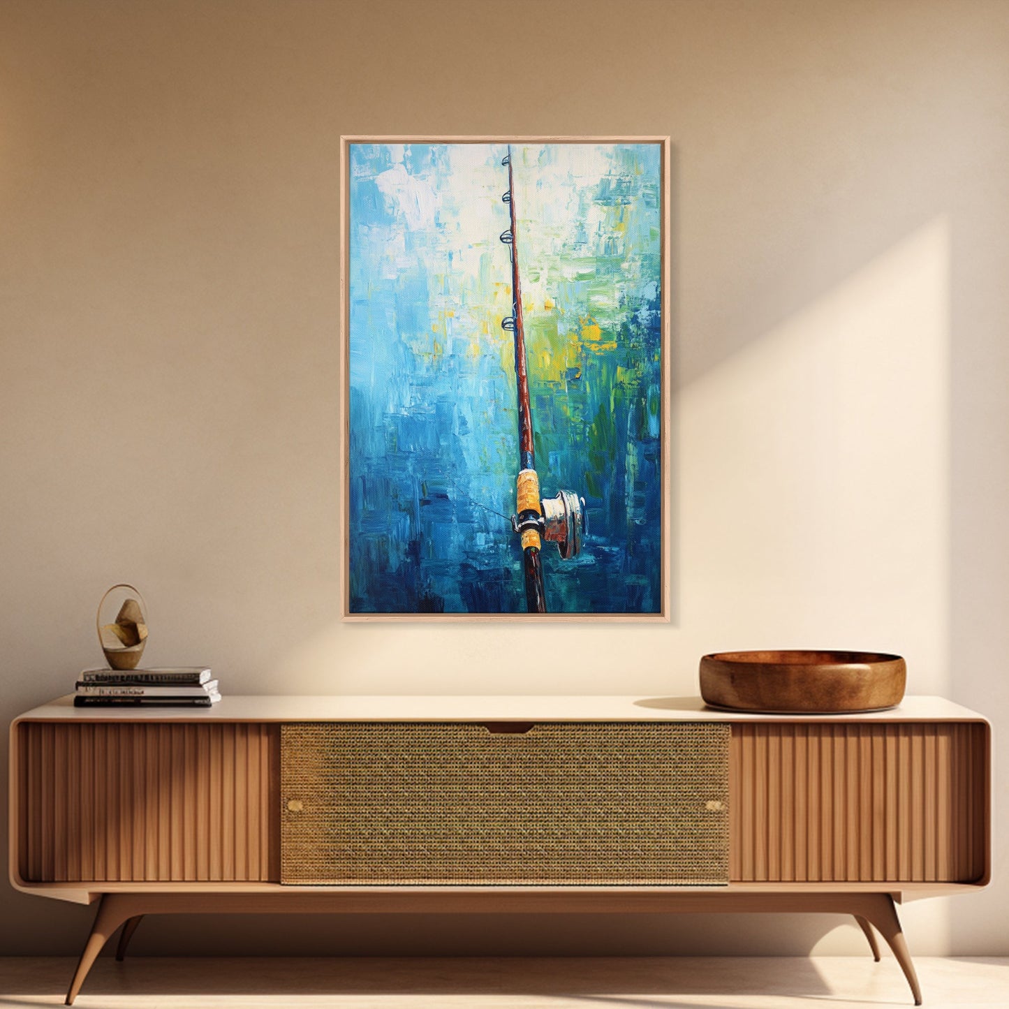 Fishing Rod Painting, Fly Fishing Art, Nautical Wall Art, Outdoor Enthusiast Decor, Rustic Cabin Art, Framed Canvas Print