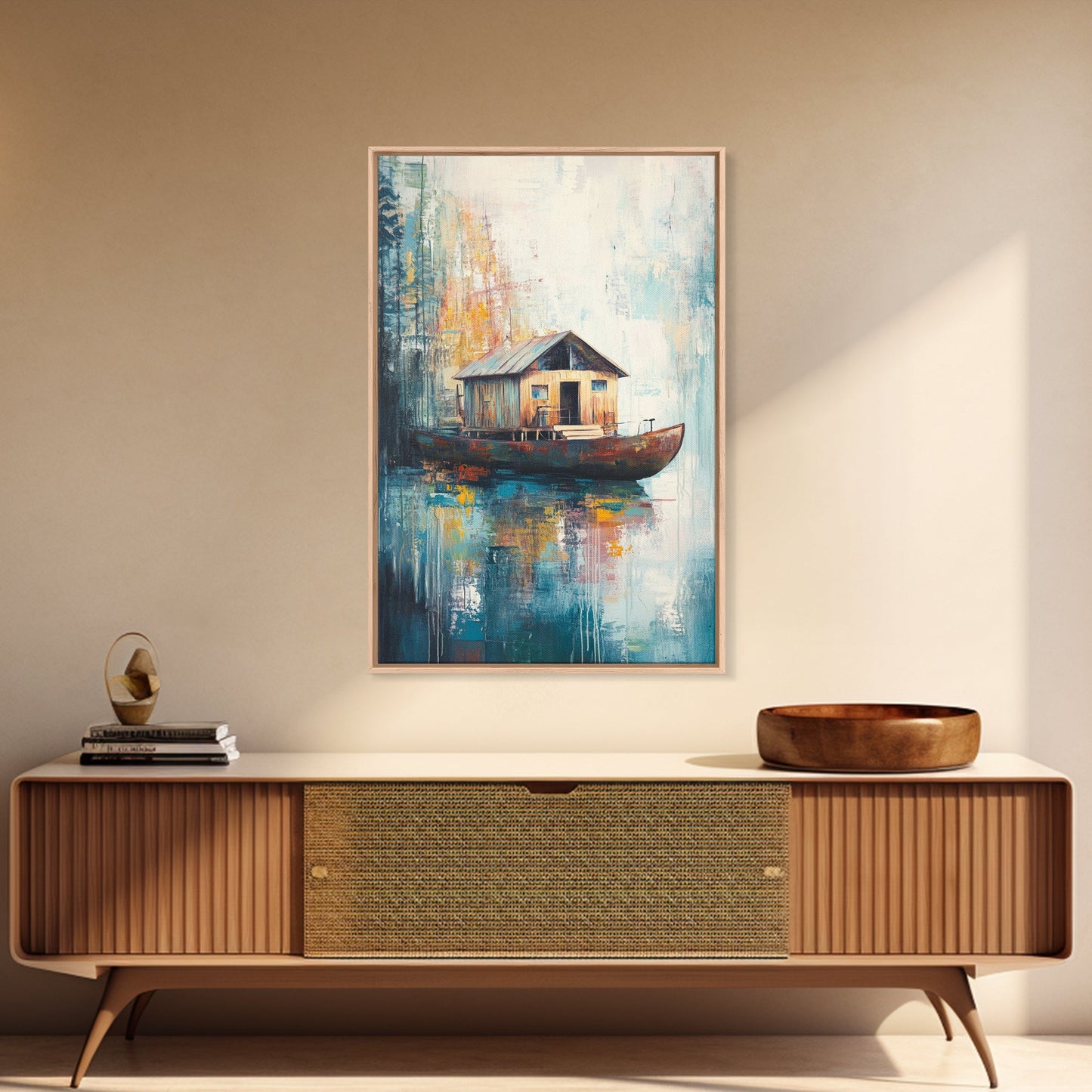 Floating House Painting, Lakefront Scene, Rustic Boat Art, Tranquil Landscape, Water Reflection Art, Framed Canvas Print