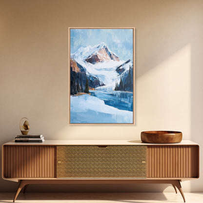 Snowy Mountain Lake, mountain painting, landscape painting, lake Tahoe art, extra wide art, panoramic art, Canvas Print