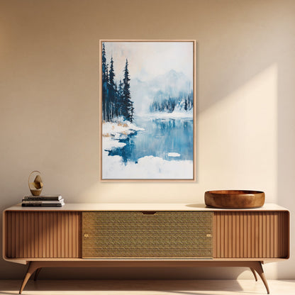 Snowy Mountain Scene, pine tree art, smoky mountain art, landscape painting, framed canvas print, rustic wall art, above sofa art