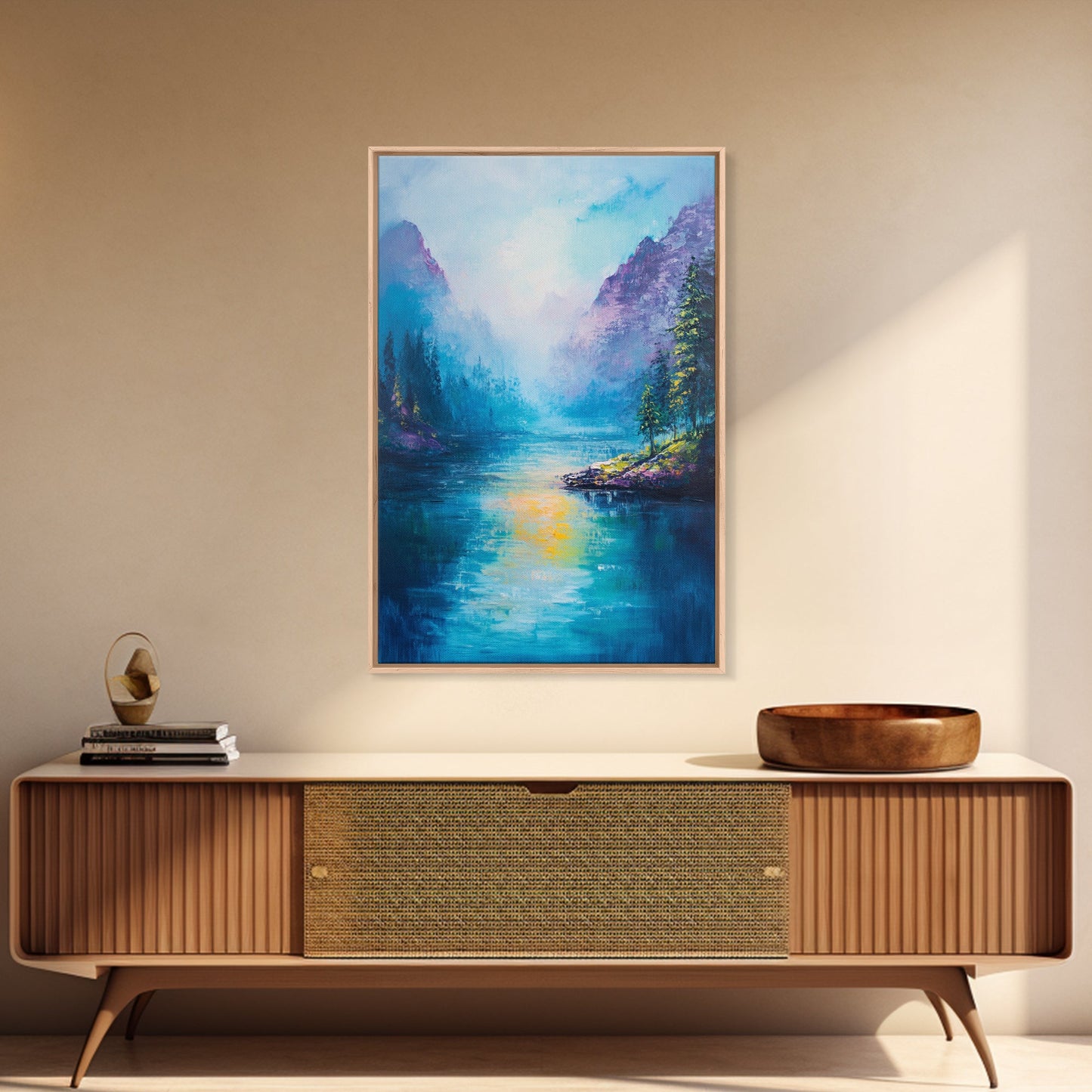 Mountain Lake View, Landscape Painting, Lake Tahoe Art, Smoky Mountain Art, Nature Wall Art, Bedroom Art, Framed Canvas Print