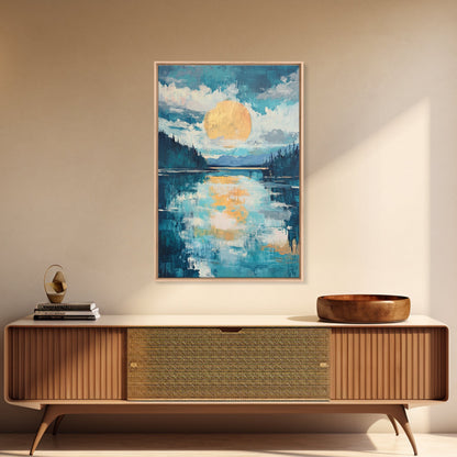 Moon Oil Painting, Smoky Mountain Art, Wabi Sabi Wall Art, Framed Canvas Print, Moody Art, Blue and Green Wall Art, Above Sofa Art