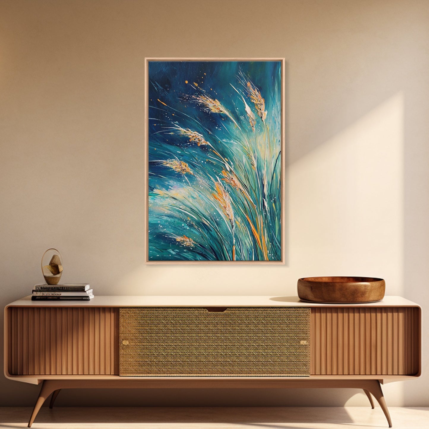 Wheat Fields Framed Canvas Print Rustic Farmhouse Wall Art, Deep Blue Abstract Painting, Autumn Home Decor, Cozy Country Living