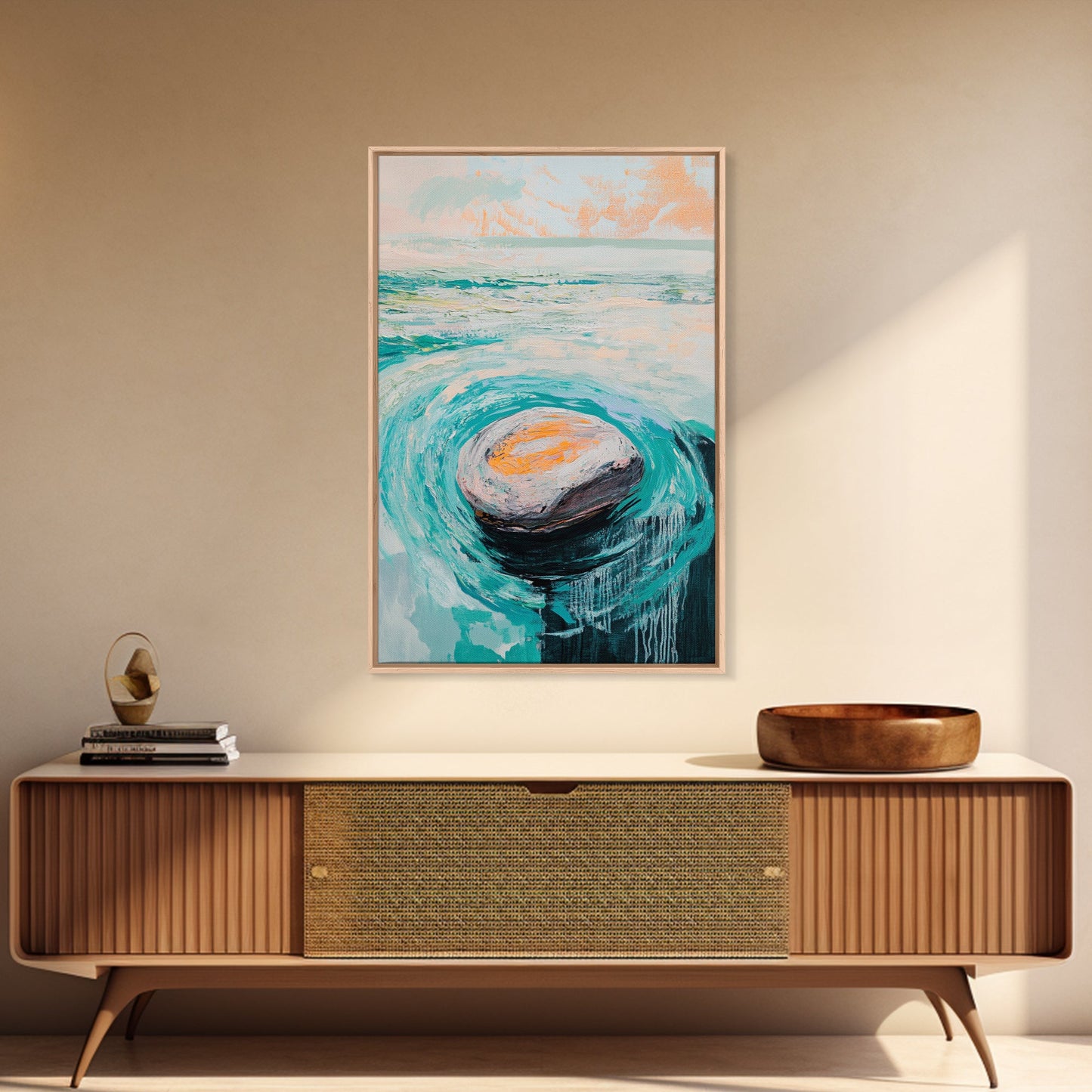 Ocean Rock Waves Canvas Print Coastal Wall Art, Beach House Decor, Abstract Seascape Painting, Nautical Art, Modern Minimalist Art