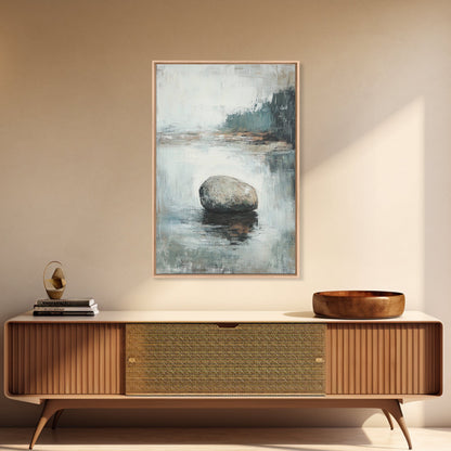 Serene River Rock Canvas Print Nature Inspired Wall Art, Minimalist Landscape Painting, Zen Decor, Neutral Tones, Living Room Artwork