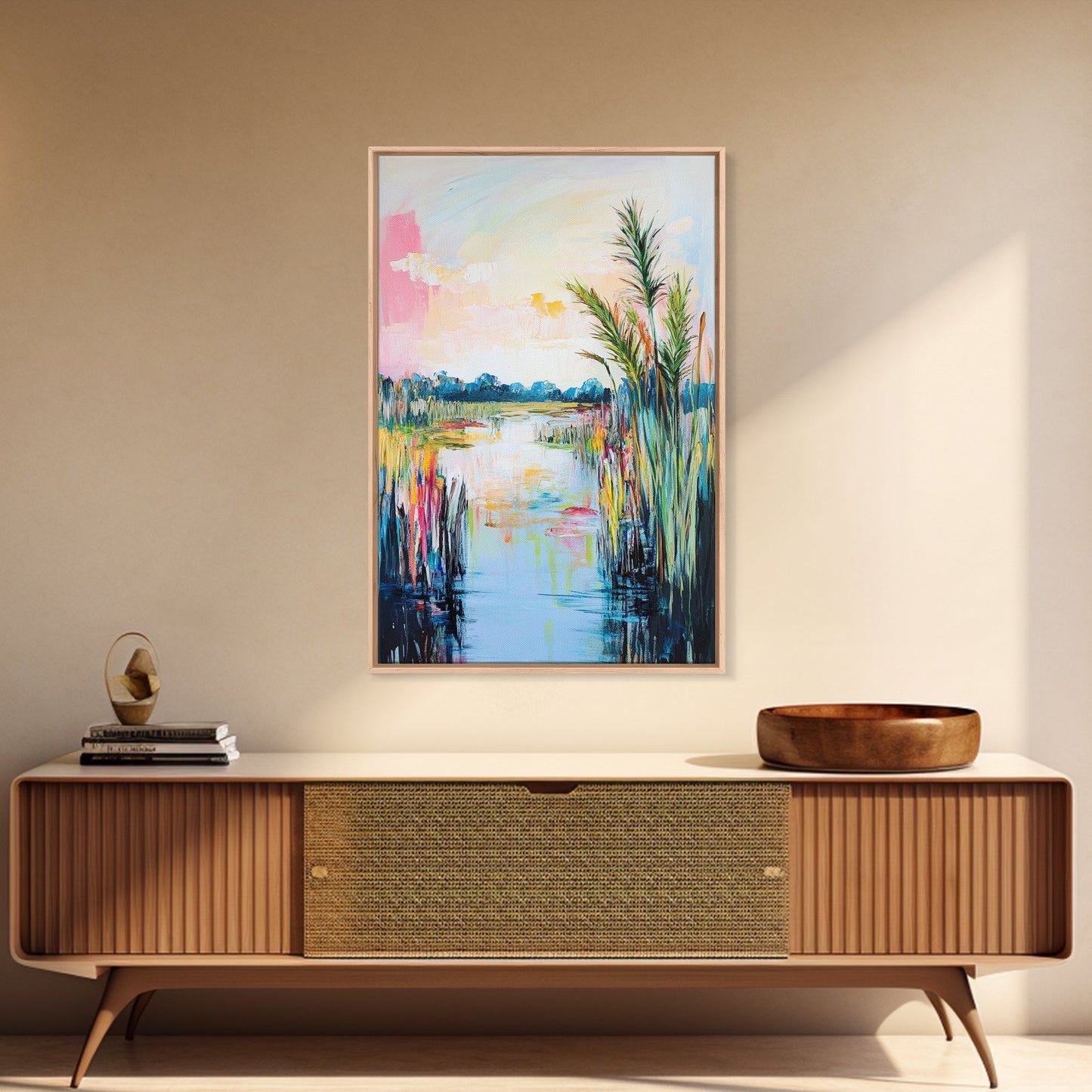 Lakeside Serenity Framed Canvas Print | Nature Landscape Painting | Peaceful Water Reflection Art | Boho Wall Decor | Pastel Colors