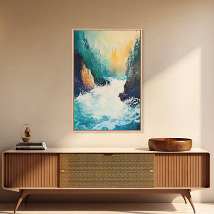 Rushing Waterfall Framed Canvas Print Nature Landscape Wall Art, Wilderness River Painting, Cabin Art, Mountain Stream Artwork