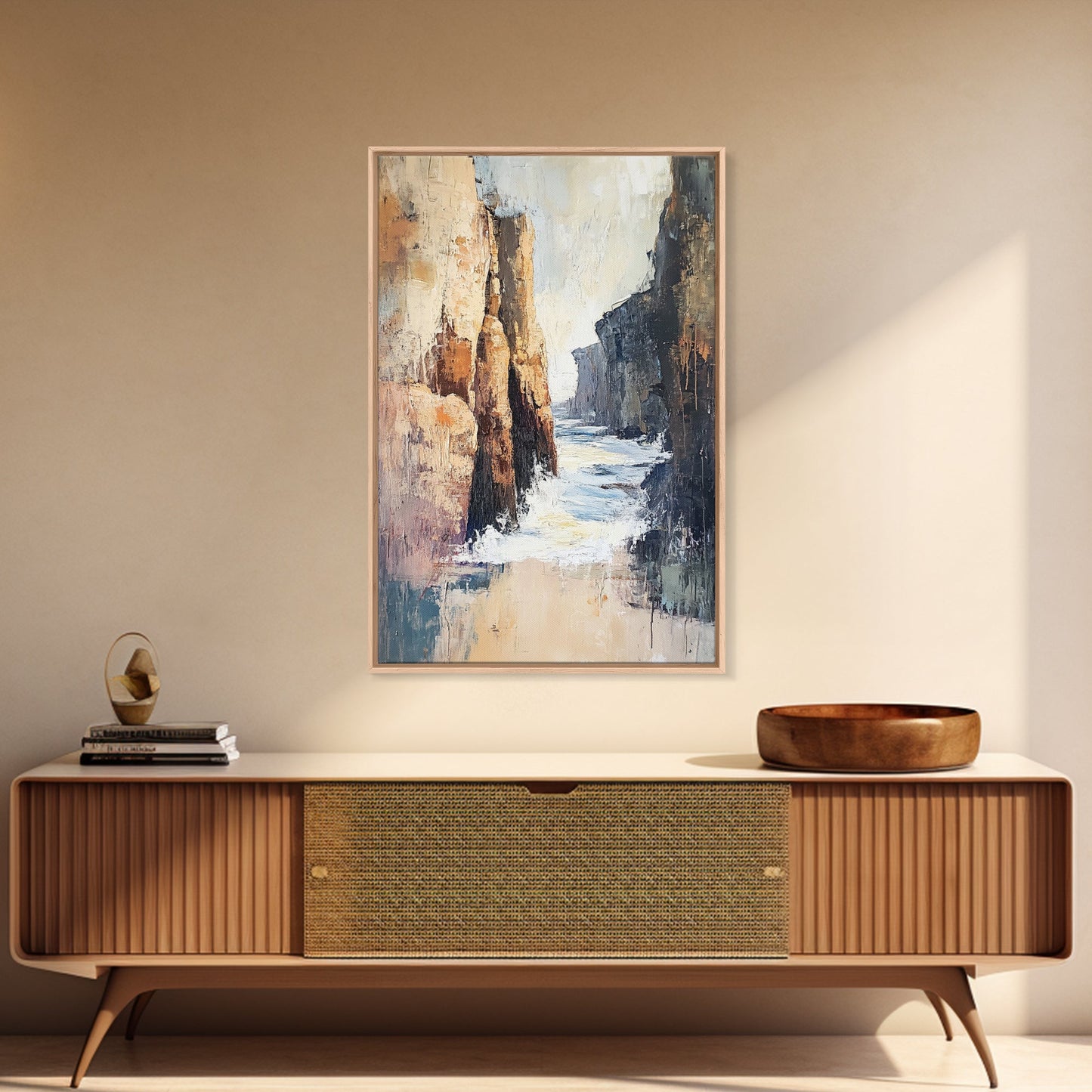 Canyon Coastal Waves Framed Canvas Print Dramatic Landscape Wall Art, Nature Painting, Rustic Western Art, Ocean Cliffs Artwork