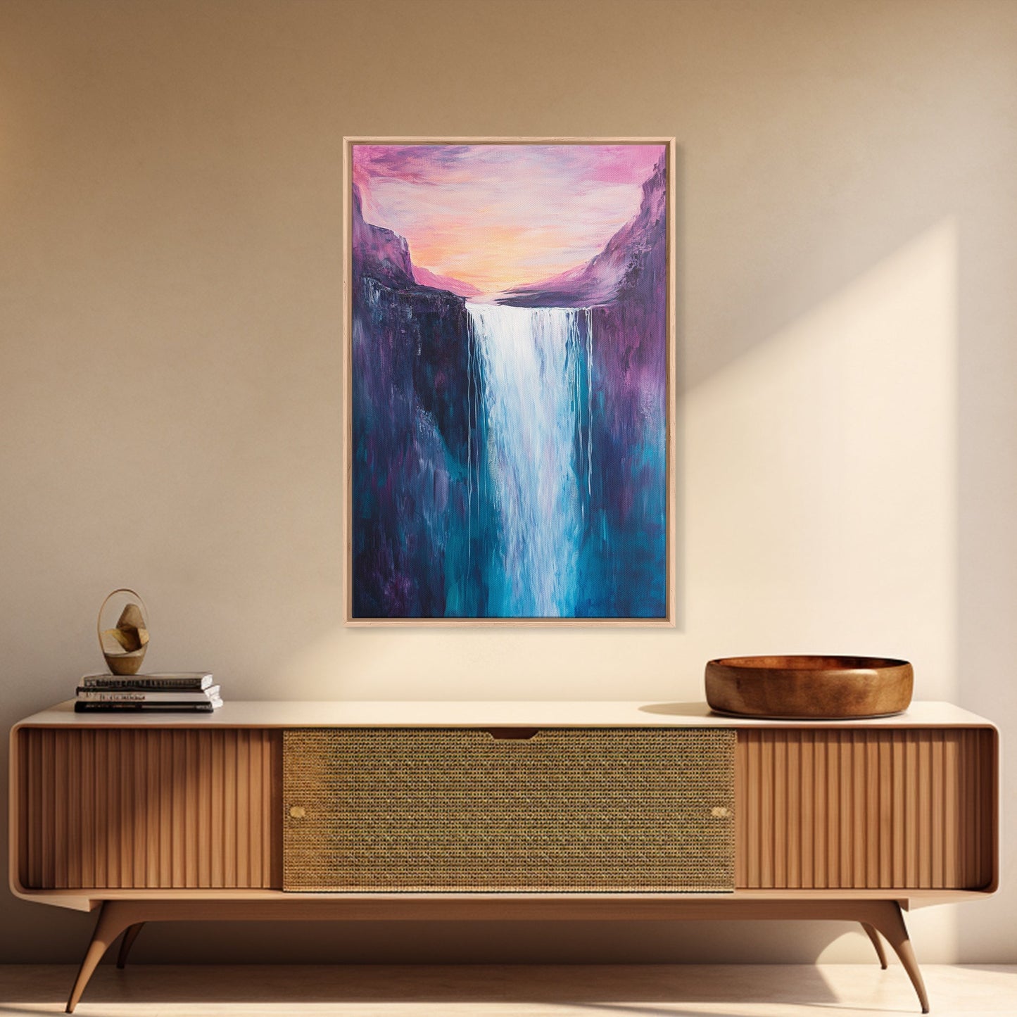 Waterfall Sunset, Moody Art, Mountain Painting, Landscape Painting, Pink Orange Wall Art, Above Couch Art, Canvas Print