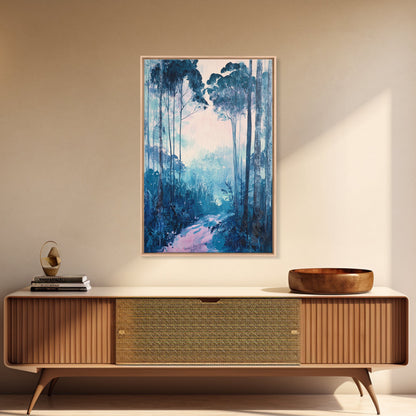 Misty Forest, moody art, birch tree art, pine tree art, landscape painting, gift idea for her, Framed Canvas Print, bedroom art