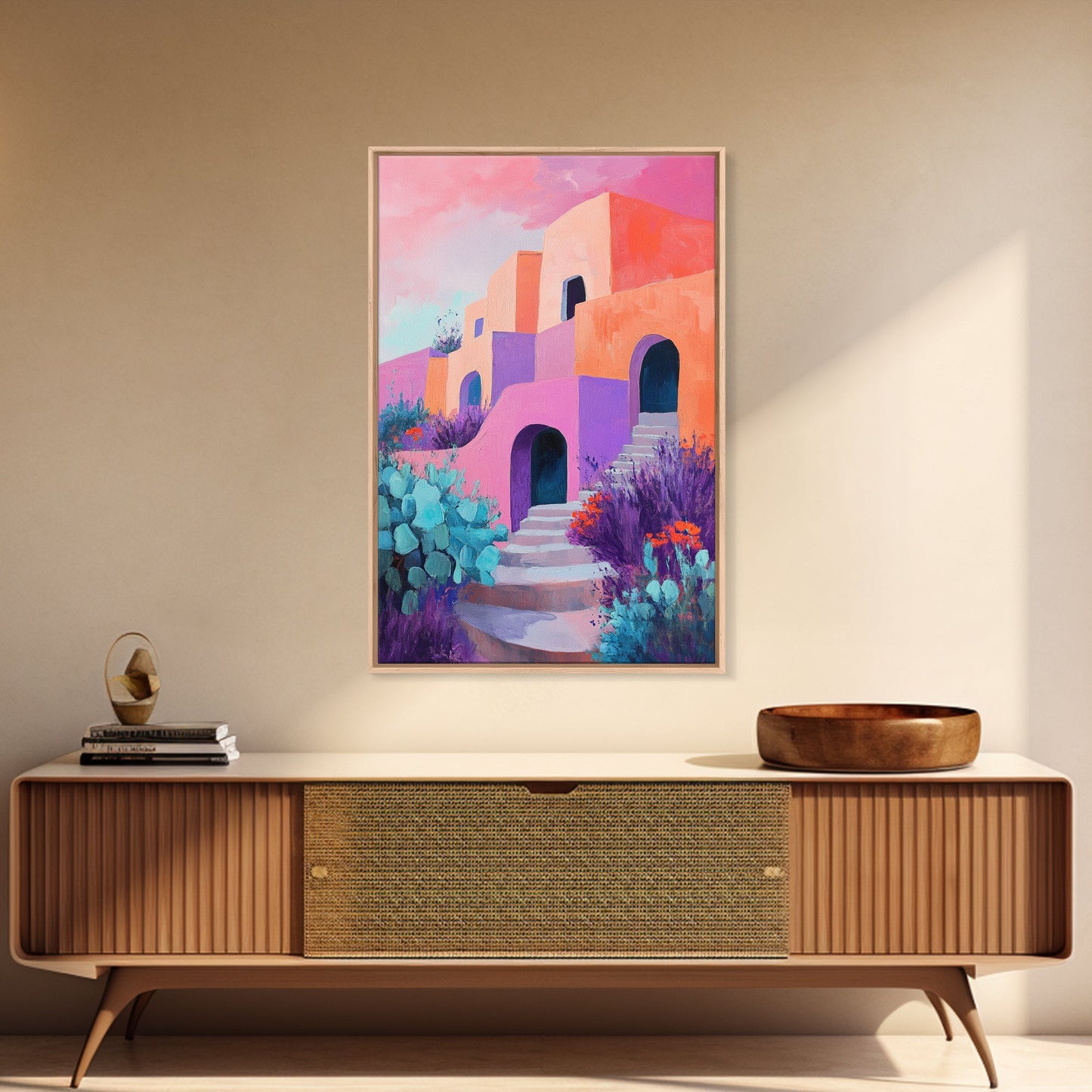 Desert House, Southwest Art, Colorful Adobe Painting, Boho Wall Art, Pink Orange Wall Art, Living Room Art, Framed Canvas Print