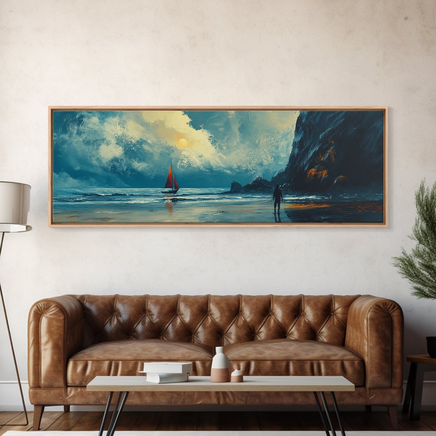 Moonlit Sailboat Canvas Print Dramatic Ocean Wall Art, Coastal Nautical Painting, Dark Blue Seascape, Moody Living Room Decor