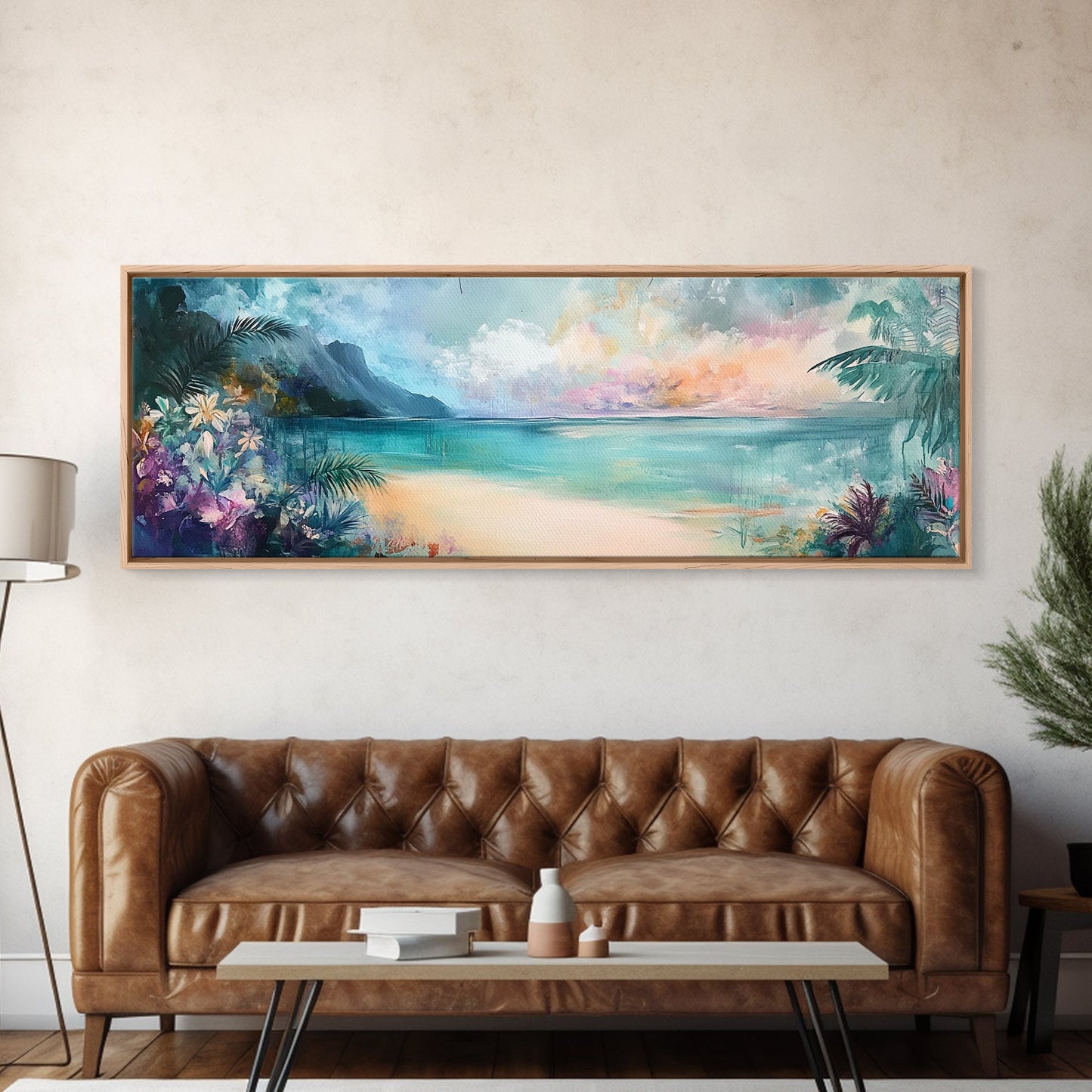 Tropical Beach Paradise Framed Canvas Print, Vibrant Ocean Wall Art, Hawaii Sunset Painting, Coastal Living Room Decor, Relaxing Art