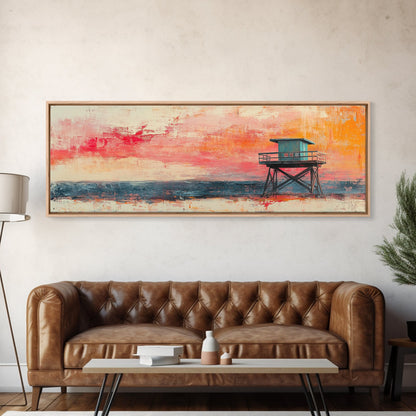 Lifeguard Tower Beach Art, Vibrant Coastal Sunset Painting, Colorful Ocean Wall Decor, Modern Beach House Art, Living Room Wall Art