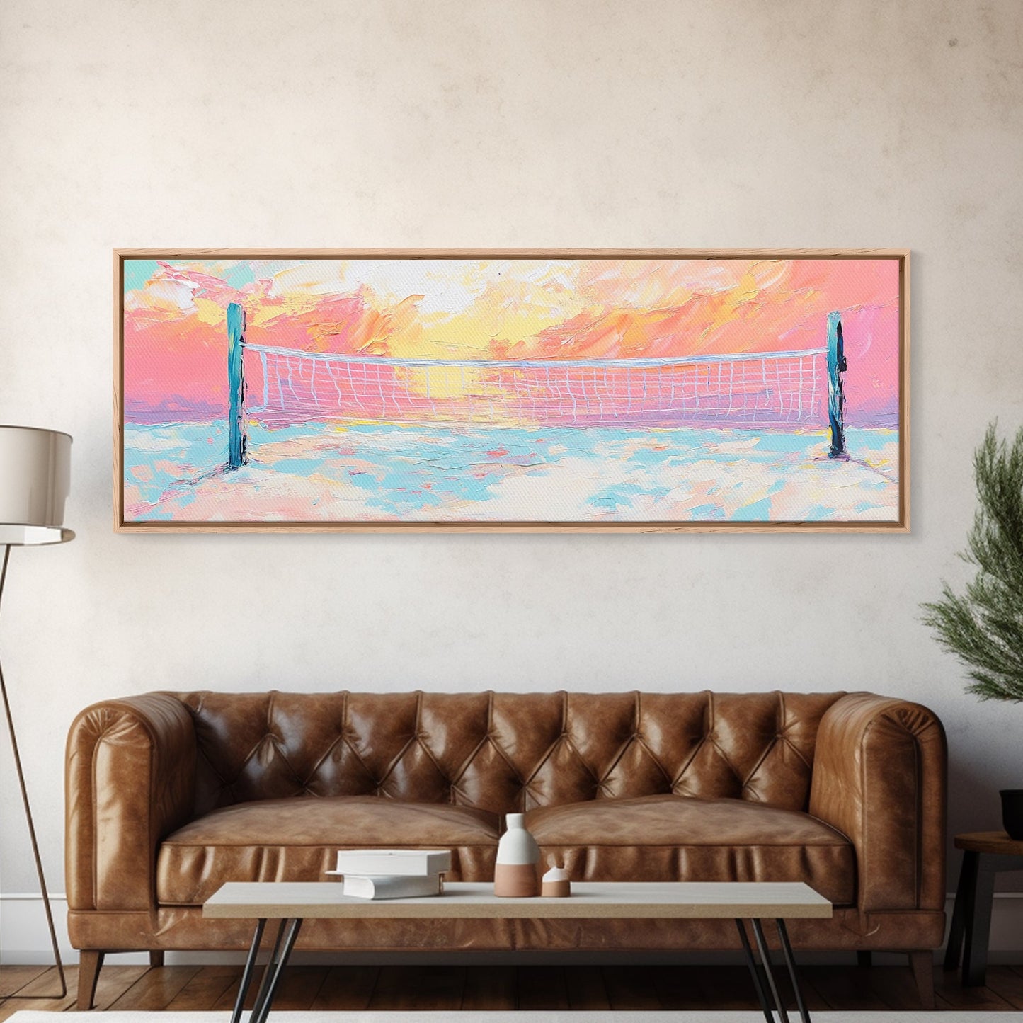 Sunset Beach Volleyball Painting, Pastel Ocean Sports Art, Fun Summer Wall Decor, Playful Living Room, Framed Canvas Print