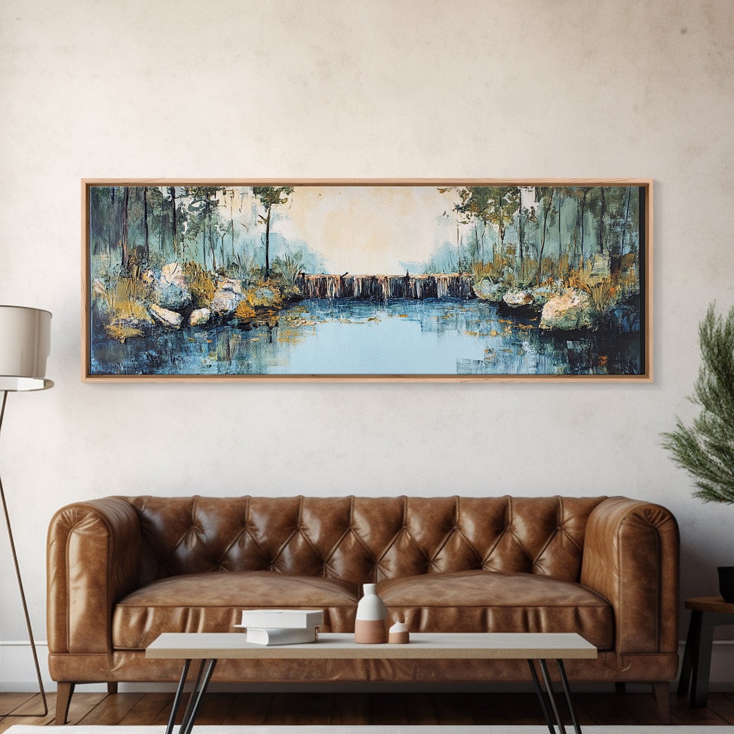 Tranquil River Framed Canvas Print Nature Landscape Art Rustic Cabin Decor Serene Waterfall Painting Lodge Wall Art Autumn Forest Scene