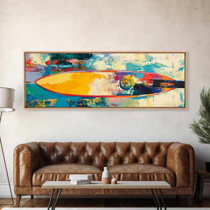 Abstract Surfboard Framed Canvas Print Coastal Beach House Wall Art, Vibrant Surfing Decor, Colorful Ocean Painting, Modern Boho Art