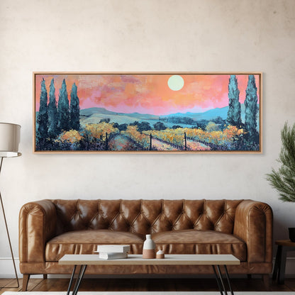 Tuscany Vineyard Painting Sunset Landscape Wall Art Rustic Countryside Decor Warm Autumn Aesthetic Dining Room