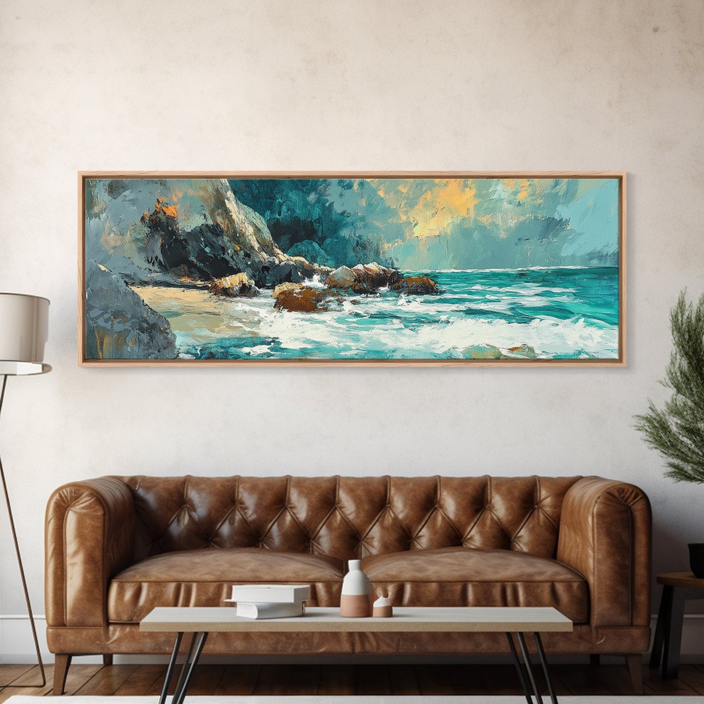 Ocean Cliffside Painting Coastal Rocky Beach Wall Art Dramatic Seascape Artwork Nautical Home Decor Dining Room