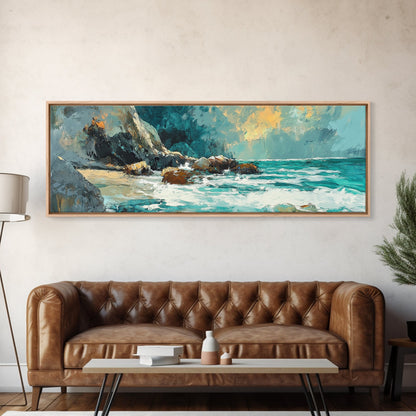 Ocean Cliffside Painting Coastal Rocky Beach Wall Art Dramatic Seascape Artwork Nautical Home Decor Dining Room
