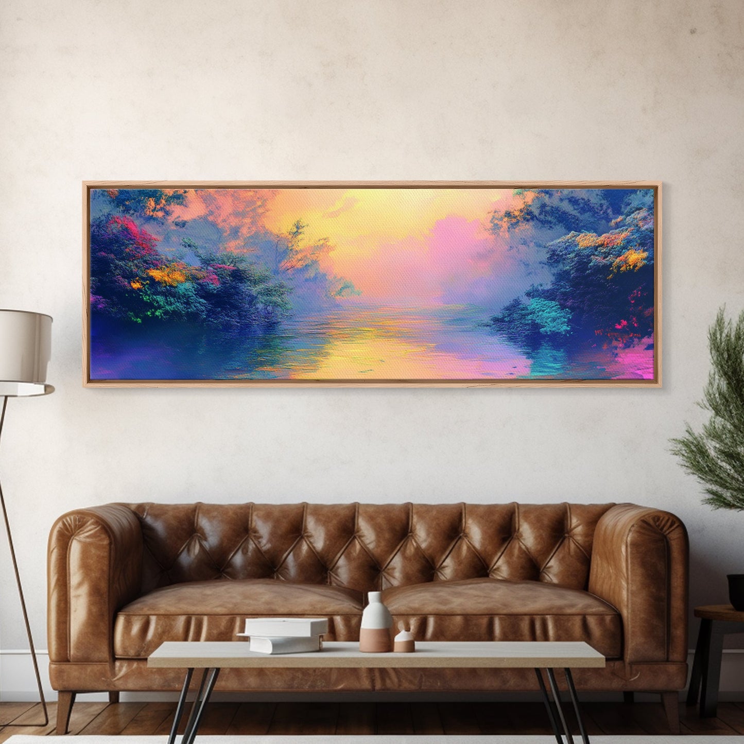 Vibrant Sunset River Framed Canvas Print, Colorful Nature Art, Dreamy Landscape Painting, Living Room Wall Art, Boho Sunset Decor