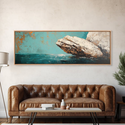 Coastal Rock Formation Framed Canvas Print, Ocean Cliff Painting, Nautical Wall Art, Beach House Decor, Textured Landscape Artwork