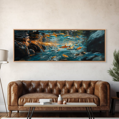 Vibrant Underwater River Scene Framed Canvas Print, Nature Wall Art, Rustic Cabin Decor, Wildlife Painting, Living Room Art