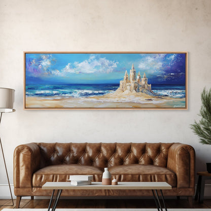 Fantasy Sandcastle Seascape Framed Canvas Print, Beach House Wall Art, Nautical Painting, Whimsical Ocean Scene, Kids Room Decor