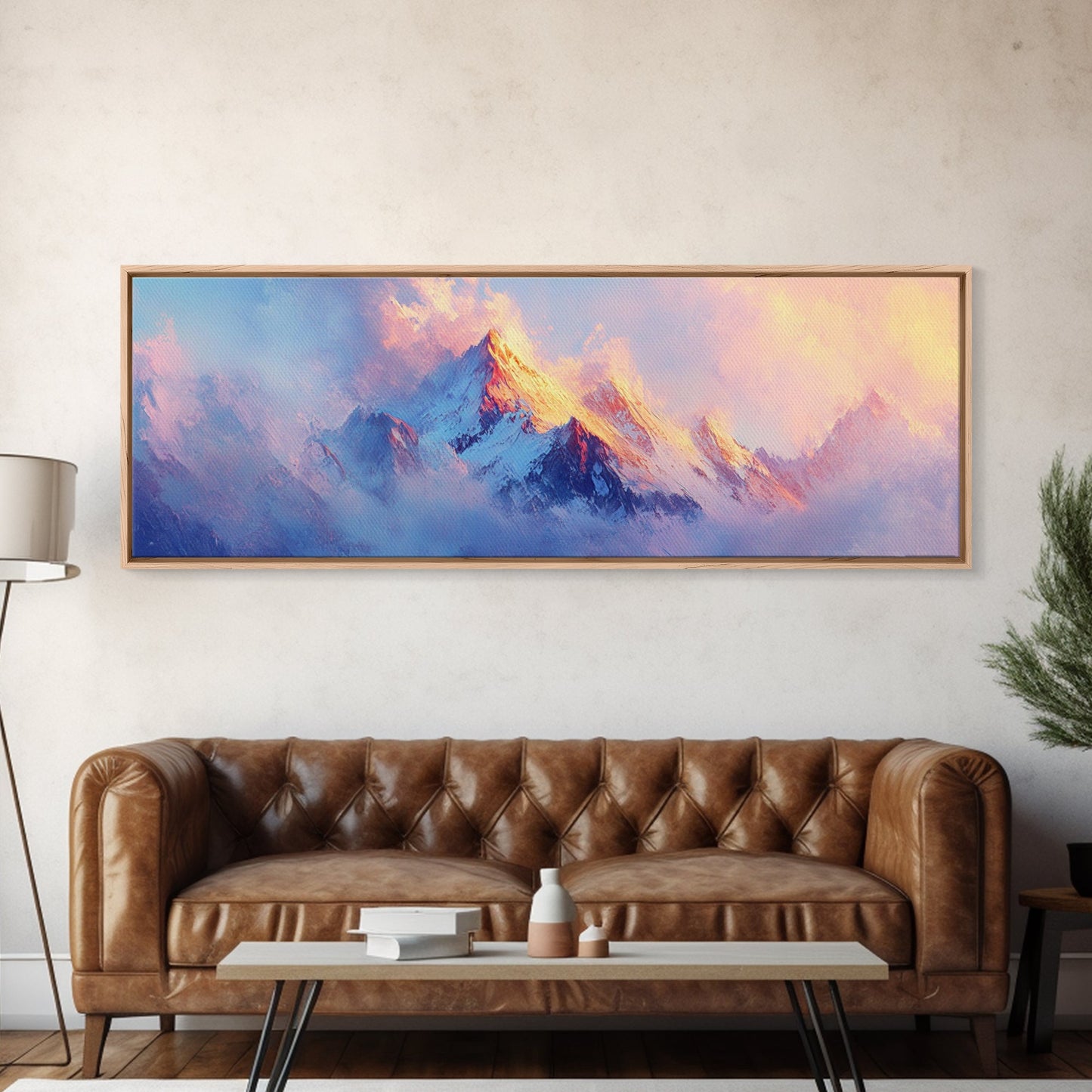 Dreamy Sunset Mountains Canvas Print Ethereal Landscape Art Pastel Sky Snowy Peaks Wall Decor Serene Bedroom Painting