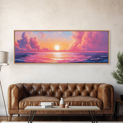 Pink Sunset, Romantic Ocean Painting, Vibrant Seascape Wall Art, Coastal Home Decor, Canvas Print, Dreamy Sky, Bedroom Artwork