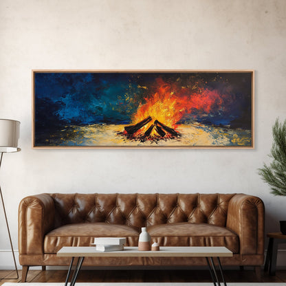 Fiery Campfire Night Canvas Print Rustic Outdoor Wall Art Cozy Bonfire Painting Autumn Cabin Decor Warm Wilderness Gift
