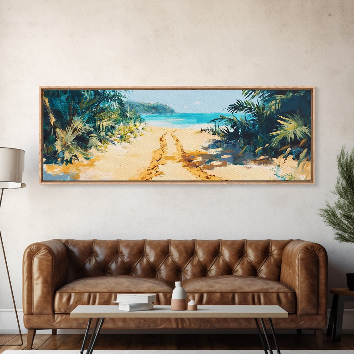 Tropical Beach Path, Palm Tree Art, Ocean Painting, Coastal Wall Decor, Relaxing Retreat Art, Home Print, Framed Canvas Print