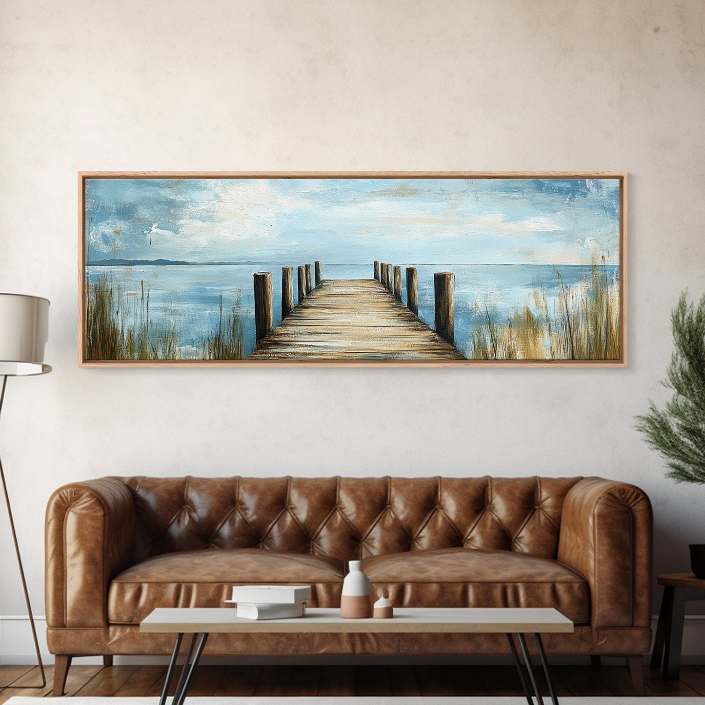 Lake Dock, Peaceful Water Scene, Serene Landscape, Rustic Nature Painting, Minimalist Home Decor, Canvas Print, Framed Canvas Print